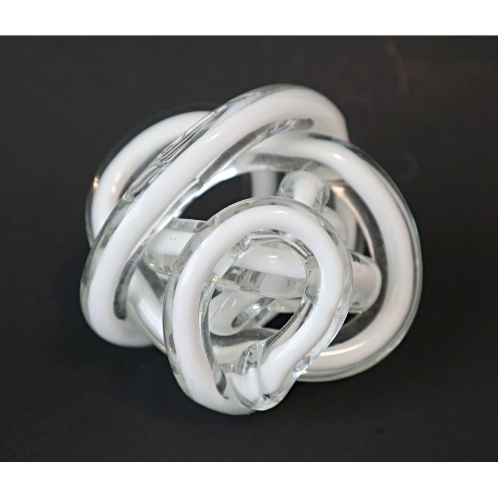 White & Clear Glass Knot Sculpture End of Day Art Glass Paperweight